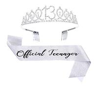 Topfunyy 13th Birthday Tiara and Sash Set - Teenager Sash Silver Crystal Crown Birthday Gift for Girls 13th Birthday Party Supplies