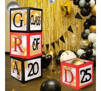 Topfunyy 2025 Graduation Party Balloon Boxes - 4 Pack Black&Red Balloon Boxes with Letters of GRAD, Class of 2025 and Proud of You for College，High School Graduation Celebration Party Decorations