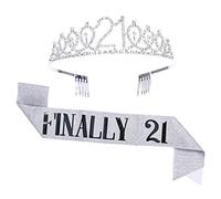 Topfunyy 21st Birthday Tiara and Sash Set - Finally 21 Rose Gold Sash Crystal Crown Birthday Gift for Girls 21st Birthday Party Supplies (Silver)