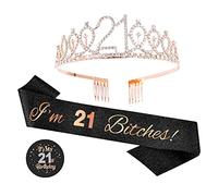 Topfunyy 21st Birthday Tiara and Sash Set - 'I'm 21 Bitches' Black Glitter Sash Crystal Crown Birthday Gift for Girls
