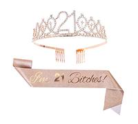 Topfunyy 21st Birthday Tiara and Sash Set - 'I'm 21 Bitches' Rose Gold Sash Crystal Crown Birthday Gift for Girls 21st Birthday Party Supplies