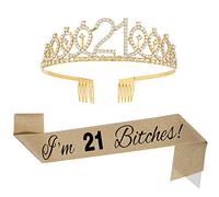 Topfunyy 21st Birthday Tiara and Sash Set - 'I'm 21 Bitches' Shining Gold Sash Crystal Crown Birthday Gift for Girls 21st Birthday Party Supplies