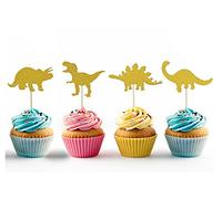 Topfunyy 24 Counts Dinosaur Cupcake Toppers Gold Glitter Cake Picks for Baby Shower Kids Birthday Party Favors