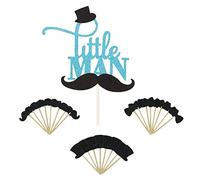 Topfunyy 25 Counts Blue Glitter Little Man Cake Topper Mini Hat Mustache Bowtie Cupcake Toppers Food Picks for Baby Shower Birthday Party Decorations