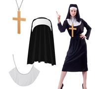 Topfunyy 3 Pack Halloween Nun Costumes for Women Nun Outfit Include Nun Headpiece, Crossing Necklace and Collar Accessories for Adult Ladies Dress
