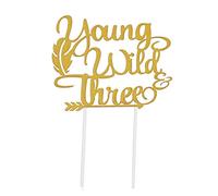 Topfunyy Double Sided Gold Glitter Young Wild & Three Cake Topper for Wild Three Boho Tribal Themed 3rd Birthday Party Supplies