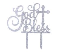 Topfunyy God Bless Cake Topper Silver Acrylic Topper for Baptism, Christening, First Communion Baby Shower Party Decoration