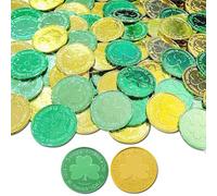 Topfunyy St. Patrick's Day Shamrock Gold Coins, 100 Pcs Gold Green Lucky Coins 3-Leaf Clover Plastic Shamrock Leprechaun Coins for St. Patrick's Day Irish Themed Party Decorations