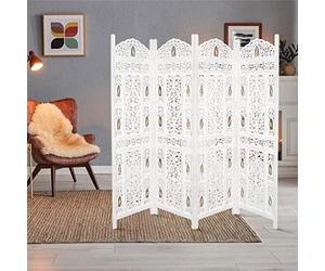 Topfurnishing 4 Panel Room Divider Free Standing Mango Wood Hand Carved Folding Screen Partition Privacy Screen Decorative Headboard (Bells Design, White, 200 x 180 cm)