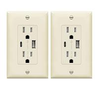 TOPGREENER 3.6A 2 Port USB Type-C/A Wall Plug, 15A TR Plug, iPhone 12/11/SE/XS/XR/X, Samsung Galaxy S20/S10/S9/S8/Note, LG, HTC and More, TU21536AC-LA-2PCS, Light Almond, 2 Packs