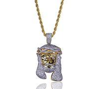 TOPGRILLZ Men 14K Gold Plated Iced Out CZ Simulated Diamond Crown Jesus Piece Pendant Necklace