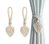 TopHomer 2 Pack Boho Curtain Rope Tie Backs - 5 Colour Options, Hand Knitting Tie Back Holder with Adjustable Natural Wood Beads for Indoor Outdoor Decoration (Beige)
