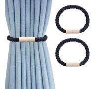TopHomer 2 Pack Magnetic Curtain Tie Backs - 45cm Wooden Ball Cotton Woven Curtain Holdbacks, 4 Colors (Beige/Gray/Black/White) for Thin/Thick Drapes, Home Office Indoor Outdoor Window Decor