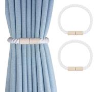TopHomer 2 Pack Magnetic Curtain Tie Backs - 45cm Wooden Ball Cotton Woven Curtain Holdbacks, 4 Colors (Beige/Gray/Black/White) for Thin/Thick Drapes, Home Office Indoor Outdoor Window Decor