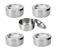 TopHomer 5PCS Stainless Steel Cigarette Lidded Ashtray Silver Windproof Case With Lid for Desktop or Small Table Fits Inside a Desk Drawer