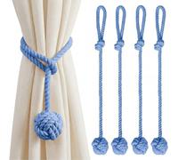 TopHomer Handmade Curtain Tie Backs - 7 Color Options, Curtain Holdbacks Curtain Ties with Big Woven Ball, Cotton Drape Tie Backs Rope for Curtains (4, Blue)