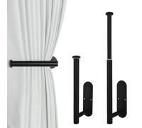 TopHomer No Drill Adhesive Curtain Holdbacks & Towel Rail, 22-38cm Adjustable Multi-Function Wall Hook for Drapes, Bathroom, Kitchen (2, Matte Black)