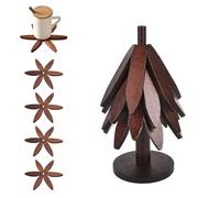 TopHomer Wooden Trivet Tree Set for Hot Dishes, 4 Flower-Shaped Foldable Drink Coasters for Mugs & Water Glasses, Decorative Table Protector for Home Kitchen Dining (Walnut Color, four floors)