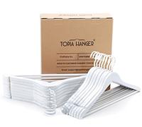 TOPIA HANGER Extra Strong White Wooden Suit Hangers, Luxury Wood Coat Hangers, Glossy Finish with Extra Thick Hooks&Anti-Slip Bar 16-Pack CT01W