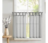 TOPICK Black Striped Linen Blend Kitchen Curtains for Living Room Bathroom Cupboard Bedroom 36 Inch Drop Pinstripe Cafe Small Window Curtains Light Filtering Tie Top 2 Panels
