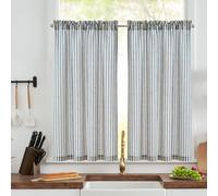 TOPICK Blue Striped Kitchen Curtains 45 Inch Drop, Linen Look Cafe Curtains, Rod Pocket Under the Sink Curtain, Light Filtering Curtain Tiers for Small Cupboard Windows, Bedroom, Living Room, W36xL45