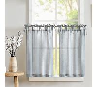 TOPICK Blue Striped Linen Blend Kitchen Curtains for Living Room Bathroom Cupboard Bedroom 24 Inch Drop Pinstripe Cafe Small Window Curtains Light Filtering Tie Top 2 Panels