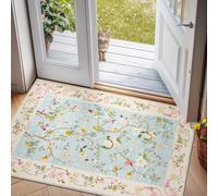 TOPICK Doormat 60x90 cm Washable Indoor Soft Entryway Rug Traditional Floral Carpet Chenille Mat Accent Rug Lightweight Non Slip Bathroom Kitchen Living Room Bedroom Pink Blue