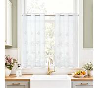 TOPICK Embroidered Floral White Kitchen Curtains 36 Inch Drop, Linen Look Light Filtering Cafe Curtains, Eyelet Under the Sink Curtain 2 Panels for Small Cupboard Window, Bedroom, Living Room, W26xL36