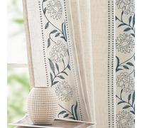 TOPICK Embroidery Floral Linen Look Voile Curtains for Windows 54 Inch Drop, Light Filtering Pencil Pleat Curtains for Bedroom, Semi Transparent Sheer Living Room Curtain 2 Panels, Blue, 50 x 54 Inch