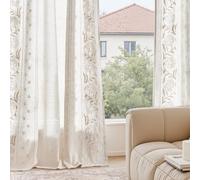 TOPICK Embroidery Floral Linen Look Voile Curtains for Windows Bedroom 72 Inch Drop, Pencil Pleat Light Filtering Curtains, Semi Transparent Sheer Curtain 2 Panels for Living Room, Ivory, 50 x 72 Inch