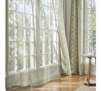 TOPICK Embroidery Floral Net Curtains for Bedroom Windows, Linen Look Light Filtering Voile Eyelet Curtains 54 Inch Drop, Semi Transparent Sheer Living Room Curtain 2 Panels, Green, 55W x 54L Inch