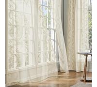 TOPICK Embroidery Floral Net Curtains for Windows 54 Inch Drop, Linen Look Light Filtering Voile Eyelet Curtains for Bedroom, Semi Transparent Sheer Living Room Curtain 2 Panels, Beige, 55W x 54L Inch