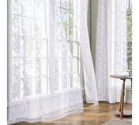 TOPICK Embroidery Floral White Net Curtains for Windows 54 Inch Drop, Linen Look Light Filtering Voile Eyelet Curtain 2 Panels for Bedroom, Semi Transparent Sheer Living Room Curtains, 55W x 54L Inch