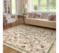 TOPICK Floral Area Rug 150x210cm Washable Vintage Soft Non-Slip Distressed Red Green Carpet Low Pile Accent Large Rug for Living Room Kitchen Bedroom Dining Room Nursery