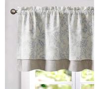 TOPICK Floral Cafe Curtains 18 Inch Drop, Double Layer Short Kitchen Curtain for Small Window, Rod Pocket Pelmet Valance for Bedroom, Sink, Living Room, Cupboard, 1 Panel Grey on Beige, W50xL18 inch