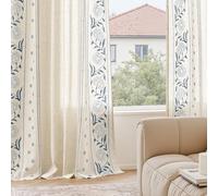 TOPICK Floral Embroidery Linen Look Light Filtering Curtains for Windows Bedroom 72 Inch Long, Pencil Pleat Voile Curtains, Semi Transparent Sheer Curtain 2 Drapes for Living Room, Blue, 50Wx72L Inch