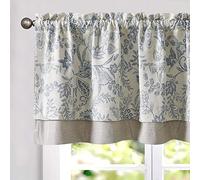 TOPICK Floral Kitchen Curtains Small Cafe Curtains Blackout Double Layer Curtain Valance for Sink Living Room Cupboard Rod pocket 1 Panel Blue on Beige 18 Inch Drop