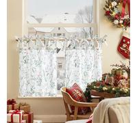 TOPICK Green Floral Linen Blend Kitchen Curtains for Bathroom Living Room Bedroom Cupboard 24 Inch Drop Botanic Cafe Curtains Tiers Light Filtering Small Window Drapes Tie Top 2 panels