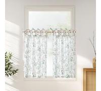 TOPICK Green Floral Linen Blend Kitchen Curtains for Bathroom Living Room Bedroom Cupboard 45 Inch Drop Botanic Cafe Curtains Tiers Light Filtering Small Window Drapes Tie Top 2 panels