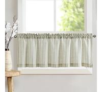 TOPICK Green Pinstripe Linen Look Kitchen Curtains, Light Filtering Short Cafe Curtain 16 Inch Drop, Rod Pocket Small Valance Curtain for Living Room, Bathroom, Cupboard, Bedroom, 1 Panel, W50 x L16