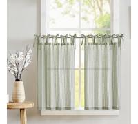 TOPICK Green Striped Linen Blend Kitchen Curtains for Living Room Bathroom Cupboard Bedroom 36 Inch Drop Pinstripe Cafe Small Window Curtains Light Filtering Tie Top 2 Panels