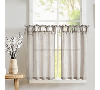 TOPICK Grey Striped Linen Blend Kitchen Curtains for Living Room Bathroom Cupboard Bedroom 36 Inch Drop Pinstripe Cafe Small Window Curtains Light Filtering Tie Top 2 Panels