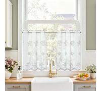 TOPICK Kitchen Curtains 24 Inch Drop with Grey Botanical Embroidery, Light Filtering Small Cafe Curtains, Linen Look Eyelet Half Curtain 2 Panels for Bedroom, Cupboard Base, Sink, W26 x L24 Inch