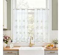 TOPICK Kitchen Curtains 36 Inch Drop, Green Embroidered Floral Light Filtering Small Cafe Curtains, Short Half Window Eyelet Curtain Tier for Bedroom, Cupboard Base, Sink, W26 x L36 Inch, 2 Panels