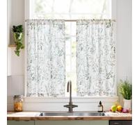 TOPICK Kitchen Curtains 36 Inch Drop with Botanic Green Floral, Linen Look Short Cafe Curtains, Light Filtering Small Window Curtain Tiers for Cupboard Base, Sink, Basement, Bistro, W36 x L36 Inch