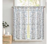 TOPICK Kitchen Curtains 45 Inch Drop with Botanic Blue Floral, Linen Look Short Cafe Curtains, Light Filtering Small Window Curtain Tiers for Cupboard Base, Sink, Basement, Bistro, W26 x L45 Inch