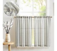 TOPICK Light Filtering Privacy Curtains for Kitchen, Bedroom, Living Room, Bathroom, Cupboard, 24 Inch Drop Linen Look Rod Pocket Short Cafe Curtain Tiers, Ticking Stripe Black, W26xL24 Inch 2 Panels