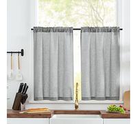 TOPICK Linen Blend Kitchen Curtains, 24 Inch Drop Small Cafe Curtains, Solid Pattern Light Filtering Short Curtain Tiers for Bathroom Sink Cupboard, Rod Pocket 2 Panels Grey