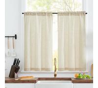 TOPICK Linen Blend Kitchen Curtains, 45 Inch Drop Small Cafe Curtains, Solid Pattern Light Filtering Short Curtain Tiers for Bathroom Sink Cupboard Bedroom, Rod Pocket 2 Panels Crude