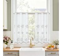 TOPICK Linen Look Kitchen Curtains 30 Inch Drop, Grey Embroidered Floral Cafe Curtains, Light Filtering Privacy Half Curtain 2 Panels for Bathroom, Cupboard Base, Sink, Basement, W 26 x L 30 Inch